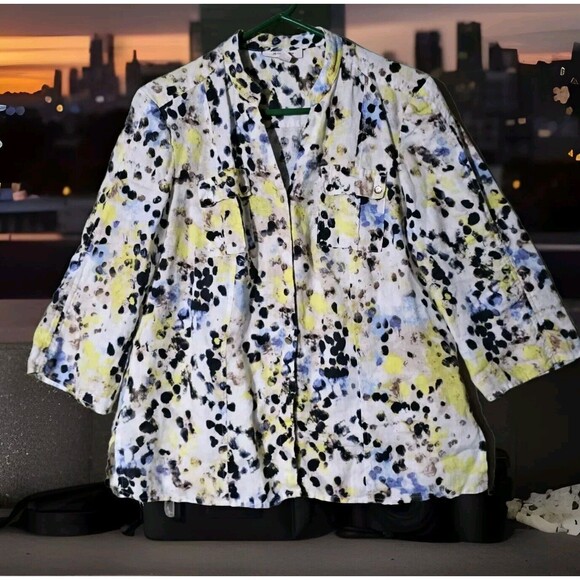 M Collection Artsy Linen Blouse Womens Size 10 Reflective Snap Buttons Pockets - Picture 1 of 11